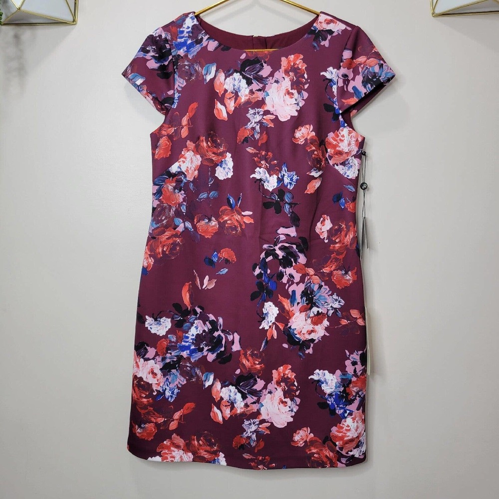 Adrianna Papell Wine Bold Floral Shift Dress Womens Size 8 NWT